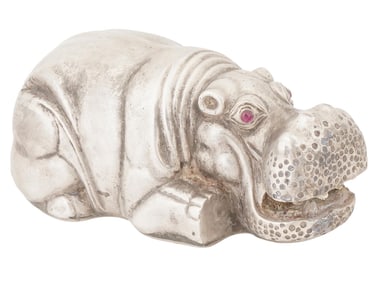 RUSSIAN SILVER FIGURE OF A HIPPOPOTAMUS WITH RUBY EYES