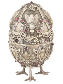 LARGE RUSSIAN SILVER GEMSTONES EASTER EGG W STAND