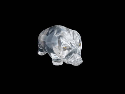 RUSSIAN GOLD DIAMONDS ROCK CRYSTAL BOAR FIGURINE: A Russian hand carved rock crystal figurine representing a boar or a wild pig. The eyes are set with cabochon cut white diamonds in gold settings. Collectible Russian Jewelry and Decor, Carved Animal