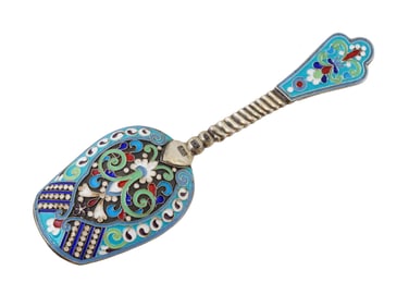 RUSSIAN SILVER CLOISONNE ENAMEL SUGAR SPOON