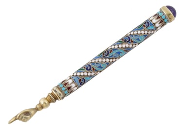 RUSSIAN JUDAICA SILVER ENAMEL TORAH POINTER W GEMSTONE