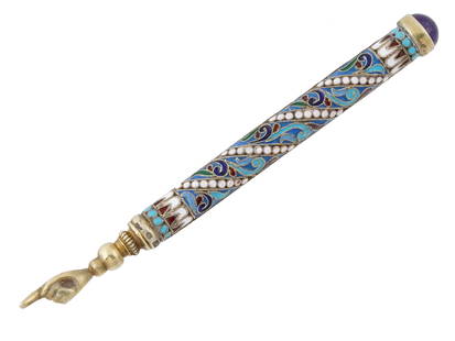 RUSSIAN JUDAICA SILVER ENAMEL TORAH POINTER W GEMSTONE: A Russian Judaica 84 Silver Torah pointer. The end of the piece is a palm with an extended index finger. The handle is covered with polychrome foliage, geometrical, and scrollwork ornaments made in th