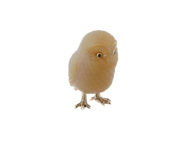 RUSSIAN 14K GOLD CARVED AGATE OWL FIGURINE EMERALD EYES