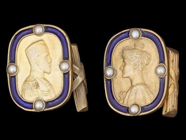 RUSSIAN SILVER ENAMEL IMPERIAL CUFFLINKS W PEARLS