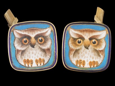 RUSSIAN SILVER GILT PAINTED ENAMEL OWL CUFFLINKS