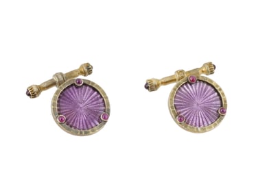 RUSSIAN SILVER GUILLOCHE ENAMEL CUFFLINKS W RUBIES