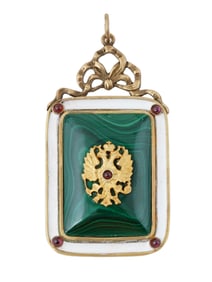 RUSSIAN SILVER ENAMEL MALACHITE IMPERIAL PENDANT W GEMS