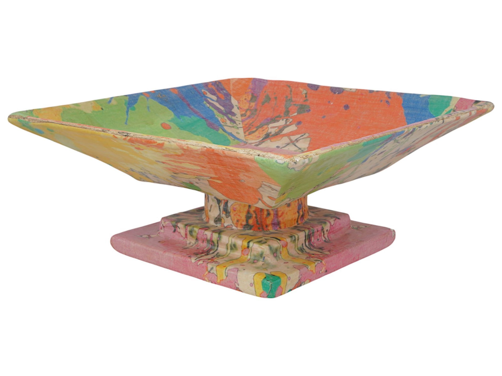 CONTEMPORARY HAND PAINTED POTTERY FOOTED ART BOWL: A Contemporary Summer Rain hand painted pottery art bowl or centerpiece. The bowl features a bold square shape with a flared lip, resting on a footed base. Its surface is adorned with an array of vibr
