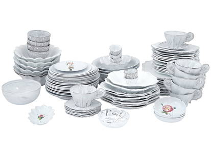 JOHN DERIAN AND ASTIER DE VILLATTE CERAMIC TABLEWARE: A large lot of glazed white ceramic tableware by Astier de Villatte, a French artisanal ceramics workshop established in Paris in 1996. A total of 100 items including tea cups, saucers, deep plates, d