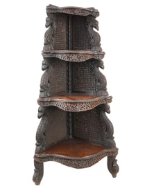 ANTIQUE 19TH C INDO PERSIAN CARVED WOOD PHOENIX ETAGERE