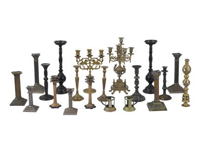 LARGE LOT OF VINTAGE CANDLESTICKS AND CANDELABRA: A large lot of vintage brass candlesticks and candelabra of various design. A total of 20 items, some candle holders come in matching pairs. Light Fixtures, Classic Decor For Interior Design. T
