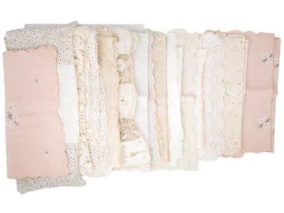 COLLECTION OF 14 ANTIQUE ASSORTED TABLE RUNNERS: A collection of 14 antique table runners, displaying a variety of styles and materials, with a focus on lace, embroidery, and delicate fabrics in a range of neutral and pastel colors. The varied desig