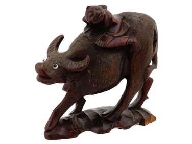 VTG CHINESE CARVED WOODEN SCULPTURE MAN RIDING A BULL