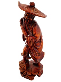 VINTAGE CHINESE CARVED WOOD OLD MAN W FISH FIGURE