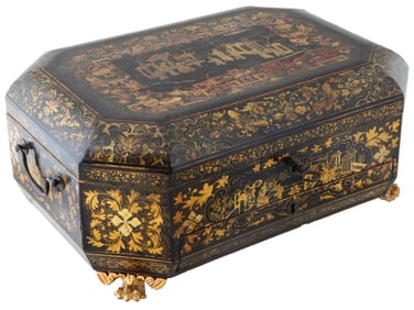 ANTIQUE CHINESE QING LACQUERED AND GILT SEWING BOX