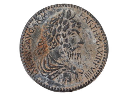 ANCIENT GREEK SICILIAN BRONZE COIN LUCIUS VERUS CHARIOT: An ancient Greek Sicilian bronze coin, attributed to the period 413 to 405 BC, featuring Lucius Verus. The obverse presents the laureate, draped, and cuirassed bust of Lucius Verus facing right. The r