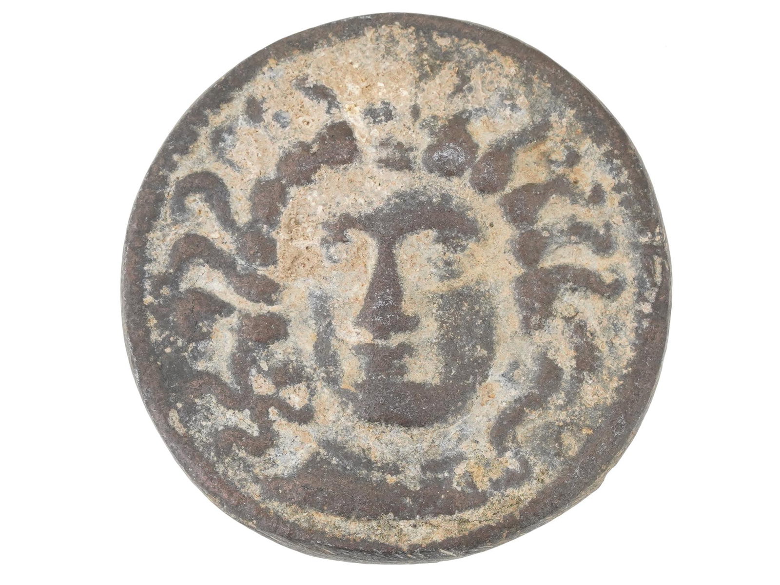 413 TO 405 BC ANCIENT GREEK SICILIAN BRONZE COIN: An ancient Greek Sicilian bronze coin. The reverse is engraved with a Medusa head. The obverse depicts a pair of figures. Circa: 413 to 405 BC. Ancient Roman Coins and Medals And Numismatic Collectibl