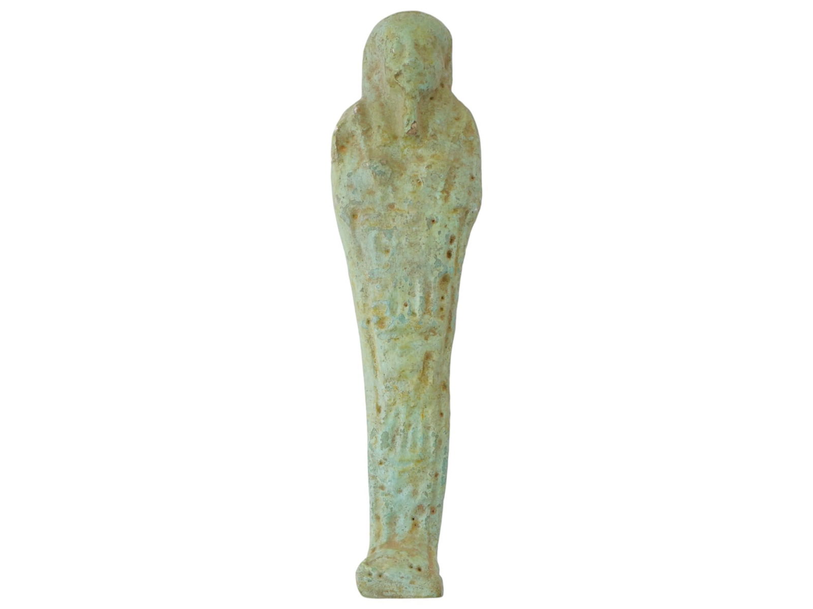 ANCIENT EGYPTIAN FAIENCE USHABTI FIGURINE CA 600 BC: An ancient Egyptian 26th Dynasty faience figurine depicting Ushabti. Circa: 663 to 325 BC. The sculpture depicts a figure standing in mummiform. A column of black painted hieroglyphic symbols is prese