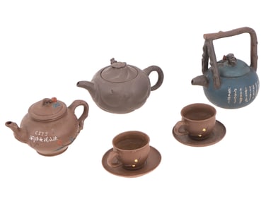 LOT OF ANCIENT ASIAN CERAMIC TEA POTS CUPS SAUCERS