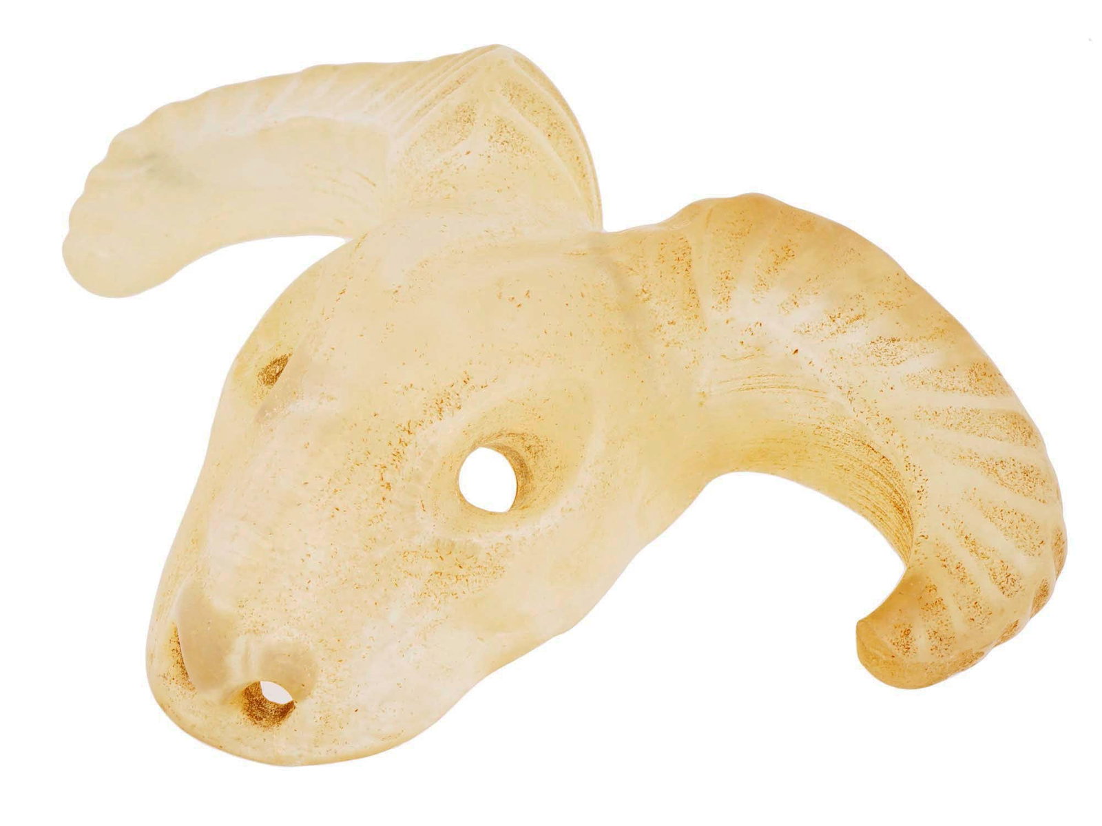 ANTIQUE CARVED CRYSTAL ROCK RAM HEAD PENDANT: An antique hand carved crystal rock pendant. The pendant, in the shape of a head of ram, has slightly twisted, carved horns and drilled holes in the eyes and nose. Holed on the top for suspension. Han