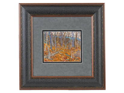 ATTR TO ALEXANDER YOUNG JACKSON LANDSCAPE OIL PAINTING: Attributed to Alexander Young A.Y. Jackson, Canadian, 1882 to 1974, oil painting on board depicting a forest landscape. Signed lower right. Matted and framed. Additionally inscribed, Algonquin park, o
