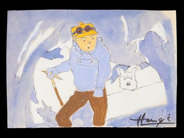 TINTIN ILLUSTRATION MIXED MEDIA PAINTING SIGNED HERGE