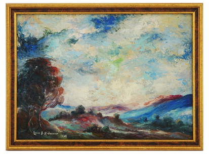 AMERICAN LANDSCAPE OIL PAINTING BY LOUIS B RIDENOUR: Louis B. Ridenour, American, 20th century, an antique oil painting on artists board, The Valley of Olympus, 1924. Signed and dated, lower left. Additionally signed, titled, and dated, on the backside.