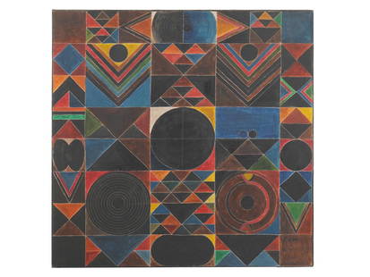 INDIAN OIL PAINTING IN THE STYLE OF SAYED HAIDER RAZA: An oil on canvas painting depicting an abstract ornamental composition in the style of Sayed Haider Raza, or S.H. Raza, 1922 to 2016, an Indian artist based in France, member of the Bombay Progressive