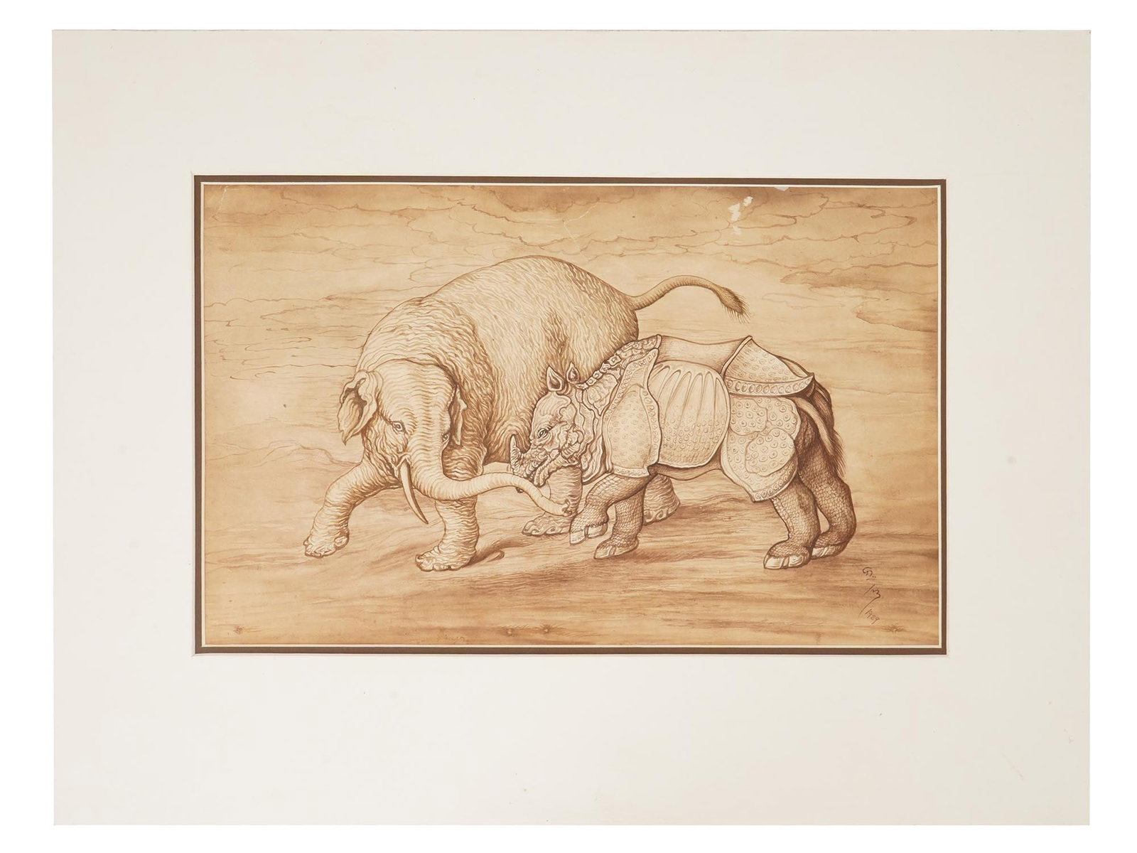 SIGNED GAGANENDRANATH TAGORE INDIAN WATERCOLOR PAINTING: An antique watercolor on paper painting signed Gaganendranath Tagore, 1867 to 1938, an Indian Modernist painter. The painting, in a monochrome brown palette, depicts a fight between a rhinoceros and a