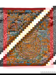 TIBETAN BUDDHIST THANGKA HAND PAINTING ON FABRIC: A Tibetan Buddhist Thangka polychrome painting on cotton, Triple Mandalas of Gautam Buddha. The three mandalas in Buddhism symbolize essential teachings for enlightenment. They include the mandala of