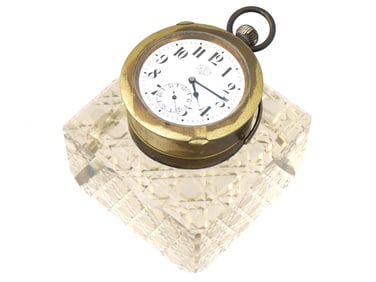 ART NOUVEAU CUT CRYSTAL INKWELL WITH POCKET WATCH