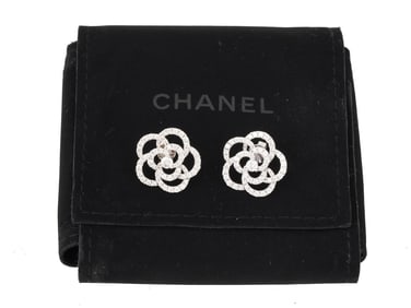 CHANEL 18K WHITE GOLD DIAMONDS CAMELLIE EARRINGS