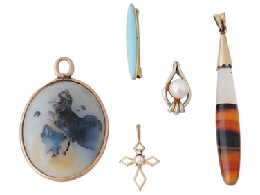 VINTAGE GOLD GEMSTONE PEARL PENDANTS AND PINS