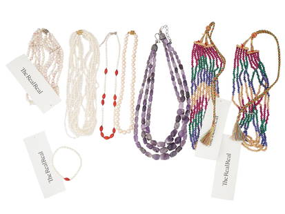 COLLECTION OF BEADED STONE NECKLACES: A collection of necklaces featuring a multi strand light pink irregularly shaped pearl necklace, a multi layered white seed bead necklace, a single strand white pearl necklace with accent red beads, a