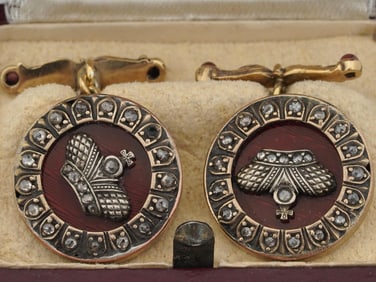 RUSSIAN 84 SILVER DIAMOND AND ENAMEL CUFF LINKS