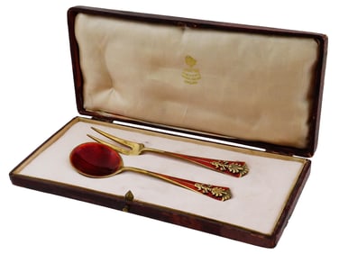 RUSSIAN GILT SILVER ENAMEL CARVING FORK AND SPOON