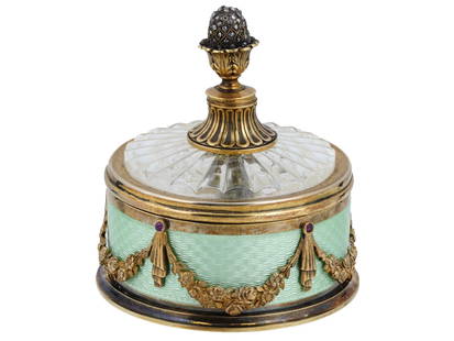 RUSSIAN SILVER ENAMEL DIAMONDS BOX BY FABERGE: A Russian silver guilloche enamel box or sugar bowl done by Faberge. The piece features a round base, a lid, and decorative elements. Gold washed interior. The base is adorned with a band of guilloche