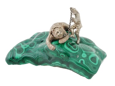 RUSSIAN SILVER DIAMONDS SCULPTURE MALACHITE BASE