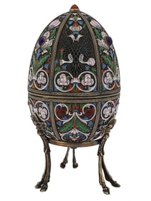 RUSSIAN SILVER ENAMEL EASTER EGG BOX W. GEMSTONES