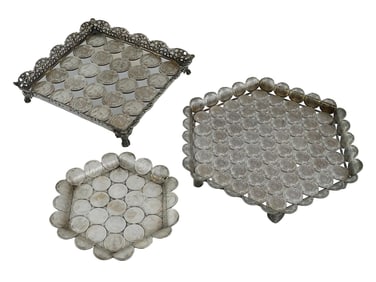 3 ANTIQUE BRAZILIAN HANDCRAFTED SILVER COIN TRAYS
