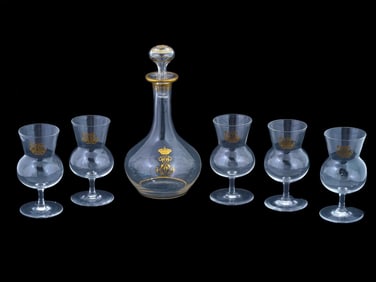 VICTORIAN GILDED GLASS DECANTER AND GOBLETS SET