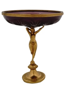 ANTIQUE GILT BRASS AND RED ETCHED GLASS FRUIT BOWL