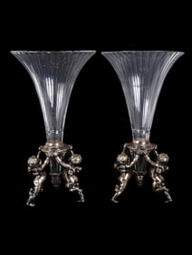 PAIR BACCARAT CRYSTAL GLASS SILVERED BRONZE VASES