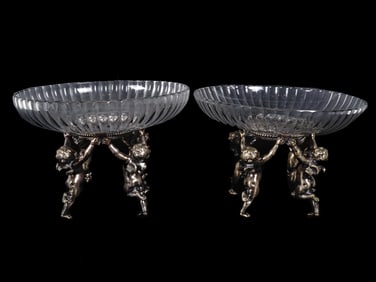 PAIR BACCARAT CRYSTAL GLASS SILVERED BRONZE BOWLS