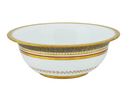 ANTIQUE RUSSIAN IMPERIAL GILT PORCELAIN FINGER BOWL: An antique Russian Imperial gilt porcelain finger bowl from the Nicholas II era, produced by the renowned Imperial Porcelain Factory. The piece is decorated with delicate gilt foliage ornaments, highl