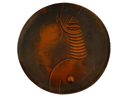 1930S AFRICAN COPPER WALL PLAQUE BY FRANK REBAJES: A Art Deco manner round form copper wall plaque depicting a stylized portrait of a young Ubangi African woman with neck rings. Designed by Frank Rebajes. There is a suspension on the backside. Circa: