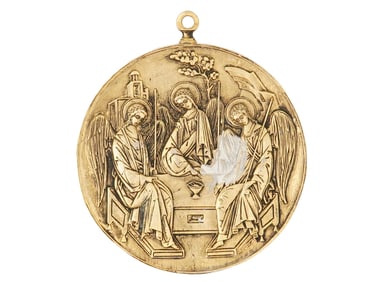 RUSSIAN ORTHODOX GILT BRONZE TRINITY ICON TABLE MEDAL