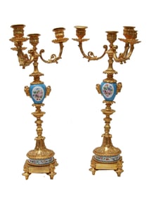 AN ANTIQUE GILD BRONZE & PORCELAIN CANDLE HOLDERS