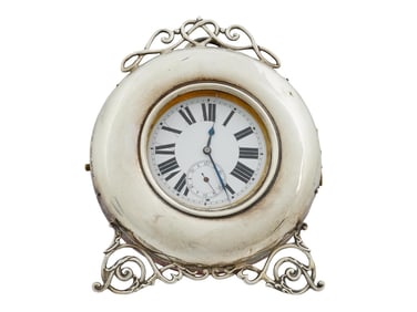 ANTIQUE ENGLISH TRAVEL CLOCK IN STERLING SILVER CASE