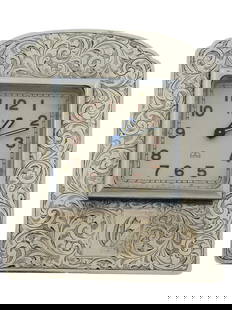 ANTIQUE BIRKS STERLING SILVER 8 DAYS TABLE CLOCK: An early 20th-century 8 Days desk alarm clock by Birks, a Canadian jewelry and timepieces company established in 1879. 7 Jewels Swiss mechanism. Square dial with Arabic numerals. Sterling silver frami